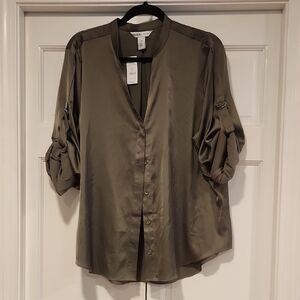 White House Black Market Olive Green Satin Button-Front Roll-Tab Blouse